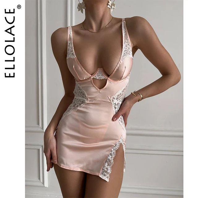 Ellolace Sexy Deep-V Neck Satin Dress Sexy Lingerie Lace Patchwork Split Sissy Night Dress Women Slip Dress Silk Nightwear 1