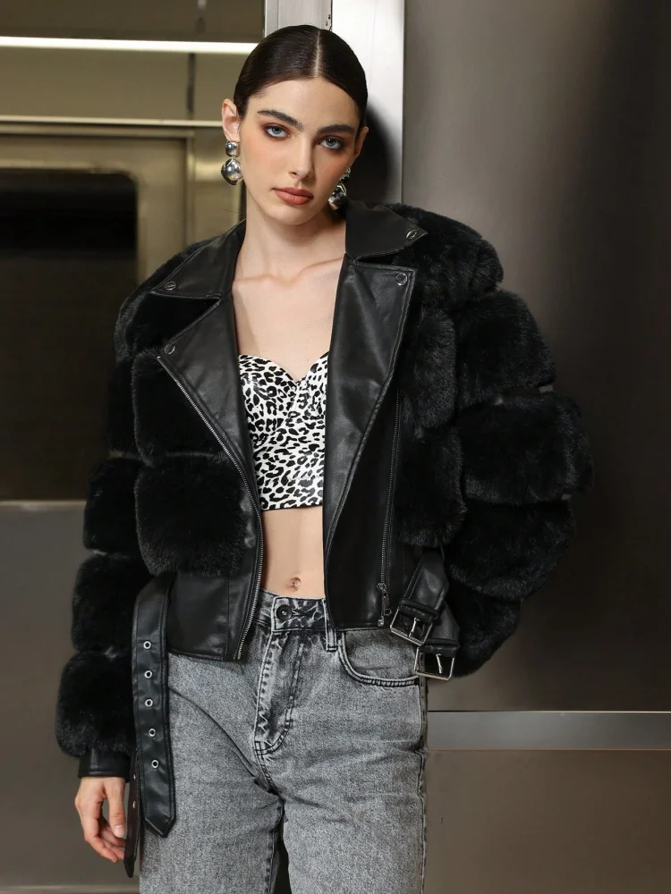 D&M 2024 Women Faux Fur PU leather Top Coat Autumn Winter High