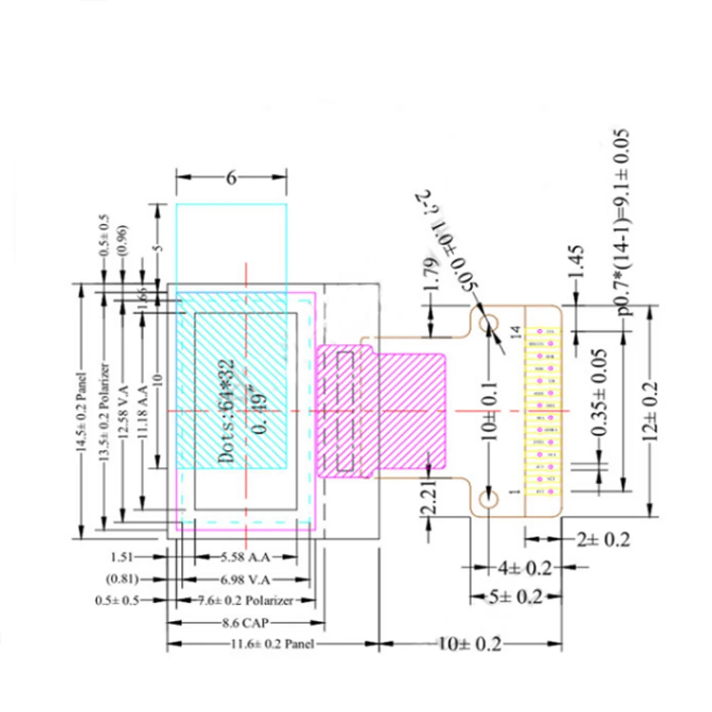 0.49 ġ OLED ũ ÷ 64*32 IIC ̽ SSD1306 ̺  14pin