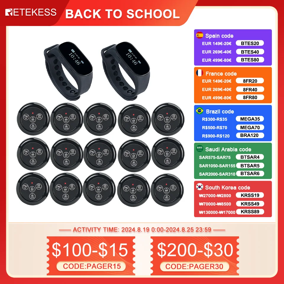 RETEKESS Restaurant Pager Wireless Waiter Calling System TD112 Waterproof Watch TD032 Call Buttons For Hookah Cafe Bar Clinic wireless calling system