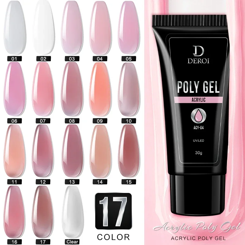 DEROI 퀵 익스텐션 젤 천연 핑크 크리스탈 폴리 네일 젤, 아크릴 반영구 UV/LED 액체 하이브리드 바니시 빌더, 30ml