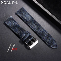 Vintage Genuine Leather & Tweed Nylon Quick Release Weave Bracelet Watch Band - 18mm (Blue)