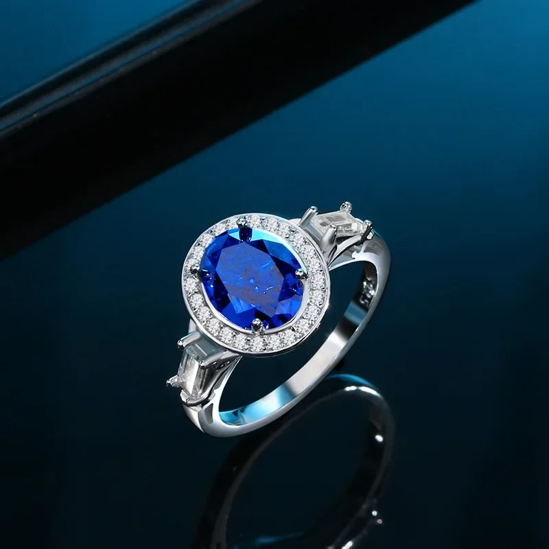 

Wholesale Sterling 925 Silver Women's Ring Inlaid with Oval Sapphire and Zircon,Noble Glory Style for Company Evening Party