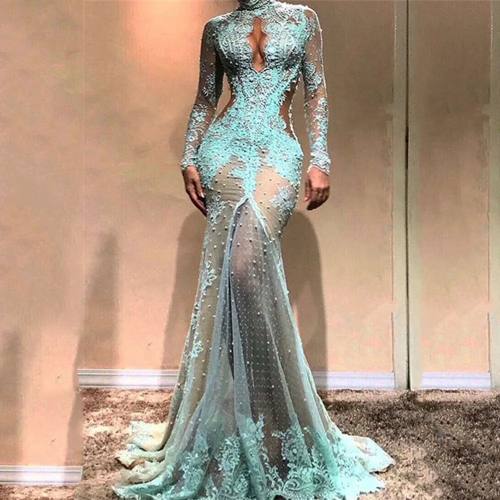 

High Neck Prom Dress Lace Beaded Full Sleeves Gown For Women Sexy Mermaid Sweep Train Floor Length Dresses Custom Made