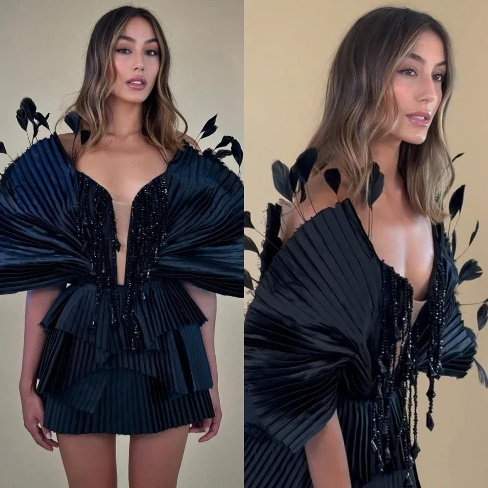 

Jiayigong Fashion Sexy V Neck Strapless Sheath Mini Sleeveless Feathers Sequin Ruched Formal Evening Gowns فساتين حفلات 드레스