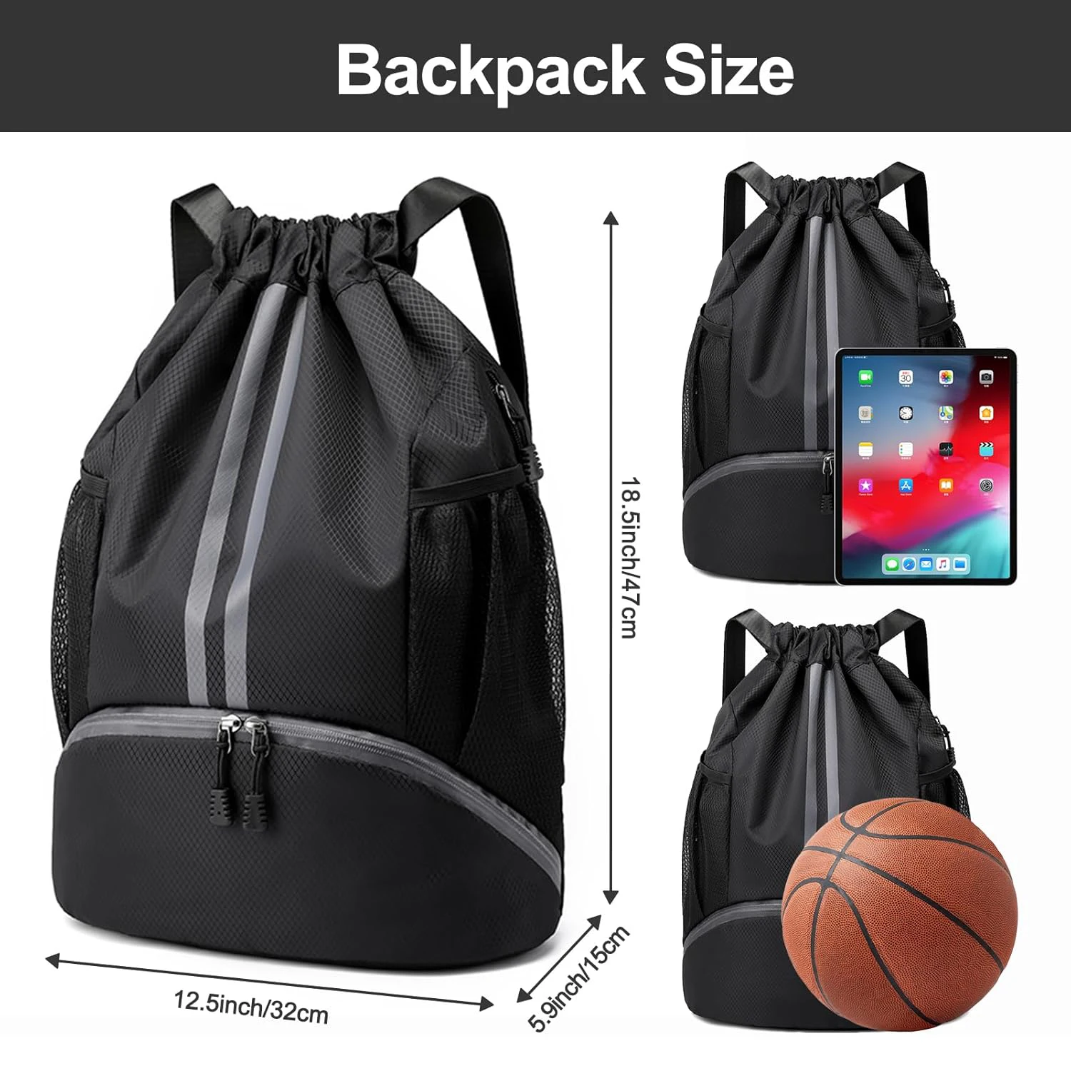 Sports Drawstring Backpack Bag with Shoes Compartment Wet Proof Pocket for Women Men Large Capacity String Swim Gym Sackpack Bag - Image 3