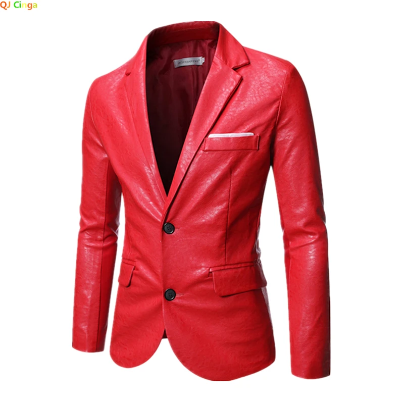BrightRedSuitJacketMensPUCoatsFashionCasualLeatherJackets