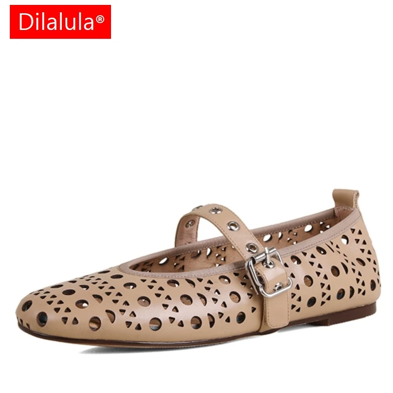 

Dilalula 2024 New Spring Summer Women Flats Concise Retro Buckle Strap Genuine Leather Mary Janes Hollow Casual Work Shoes Woman