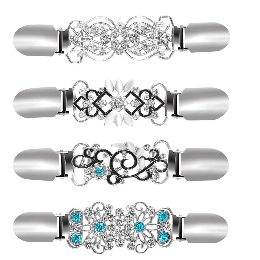 

1 Set 4 Pcs Clothes Accessories Rhinestone Sweater Cardigan Clips (Silver)