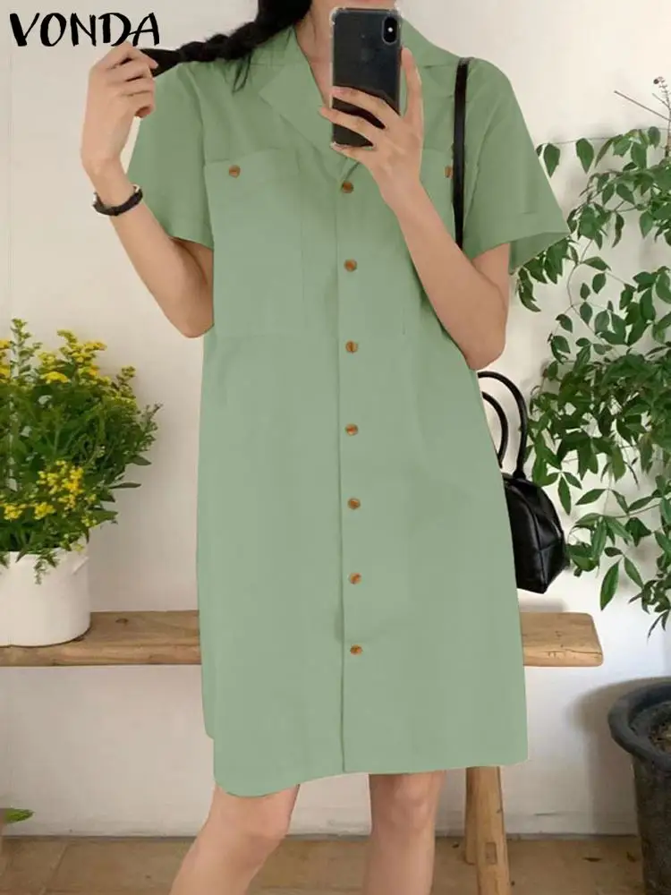 

VONDA летнее женское мини-платье большого размера 2023 модное винтажное с коротким рукавом на пуговицах однотонное уличное Платье Повседневный Сарафан