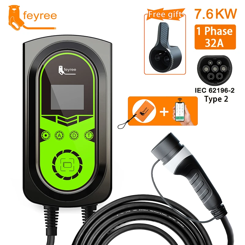 Feyree-EVSE Estação de carregamento de veículos elétricos de parede, Wallbox Charger, EV Car Charger, Cabo Tipo 2, IEC62196-2 Cord, 7.6kW, 11kW, 22kW