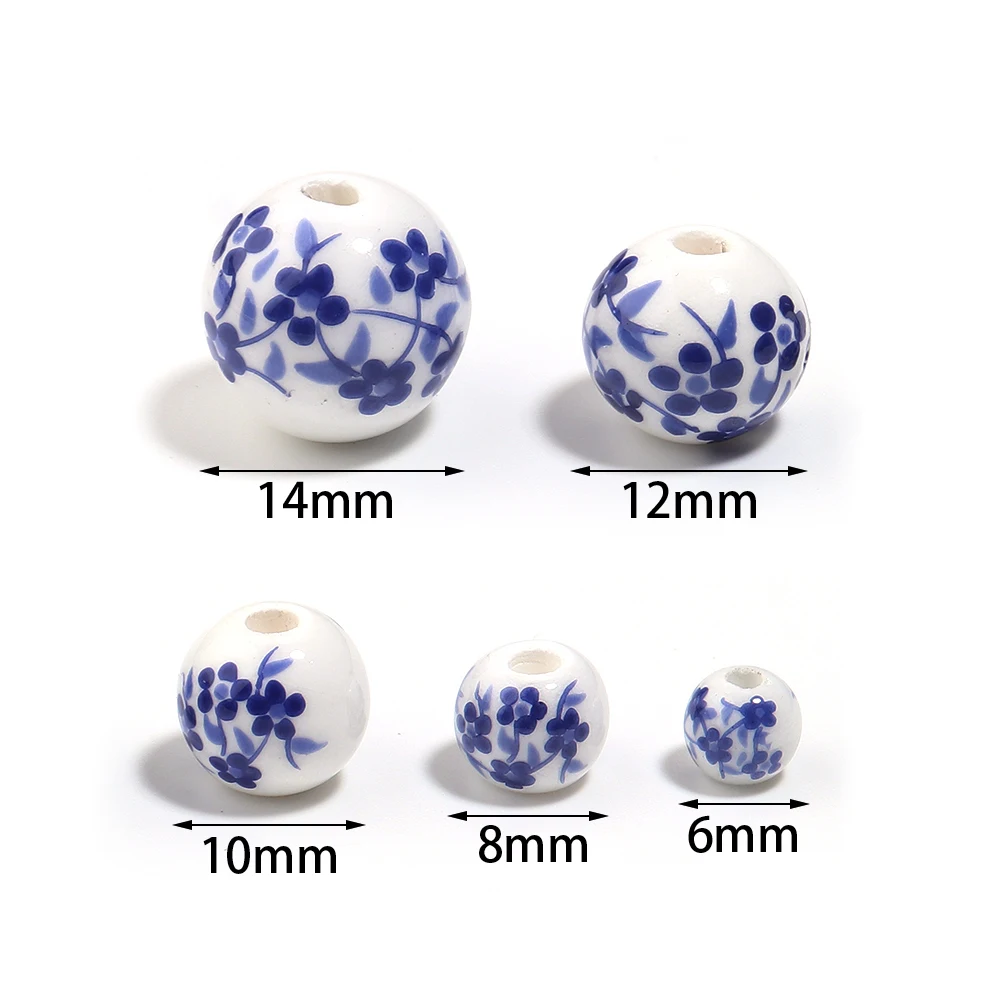 10-30pcs 블루 그린 중국 꽃 패턴 라운드 세라믹 도자기 느슨한 스페이서 비즈 DIY 공예품 만들기 의류 장식