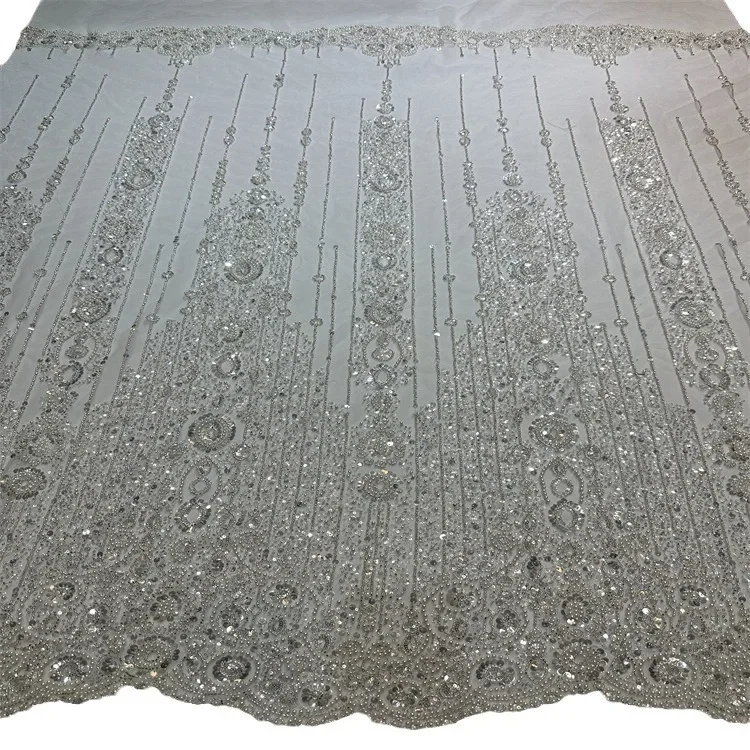 White Sequined Bead Embroidery Lace Fabric for Evening Wedding Dress