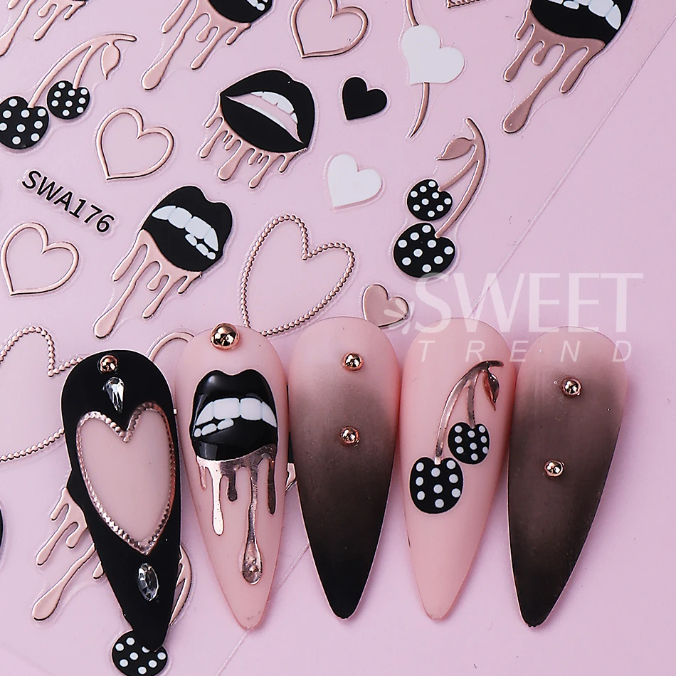 2pcs Black Lips Love Heart Nail Art Stickers Sexy Valentine Metal Line Love Cherry Self-adhesive Nail Decals DIY Manicure Decor