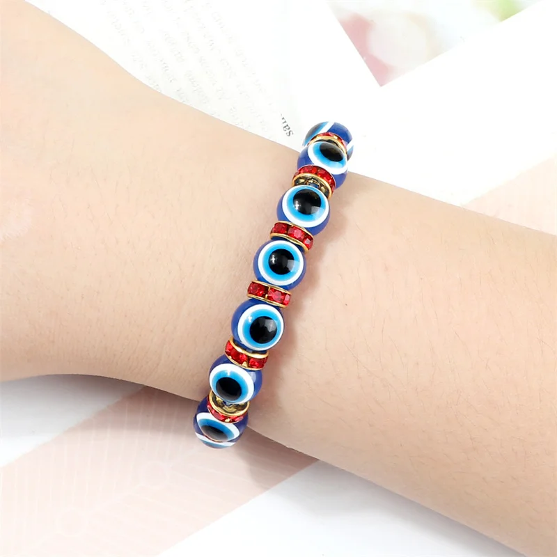 10mm Blue Evil Eye Charm Bracelet Turkish Lucky Multicolor Crystal Spacer Resins Beads Bracelets for Women Men Handmade Jewelry