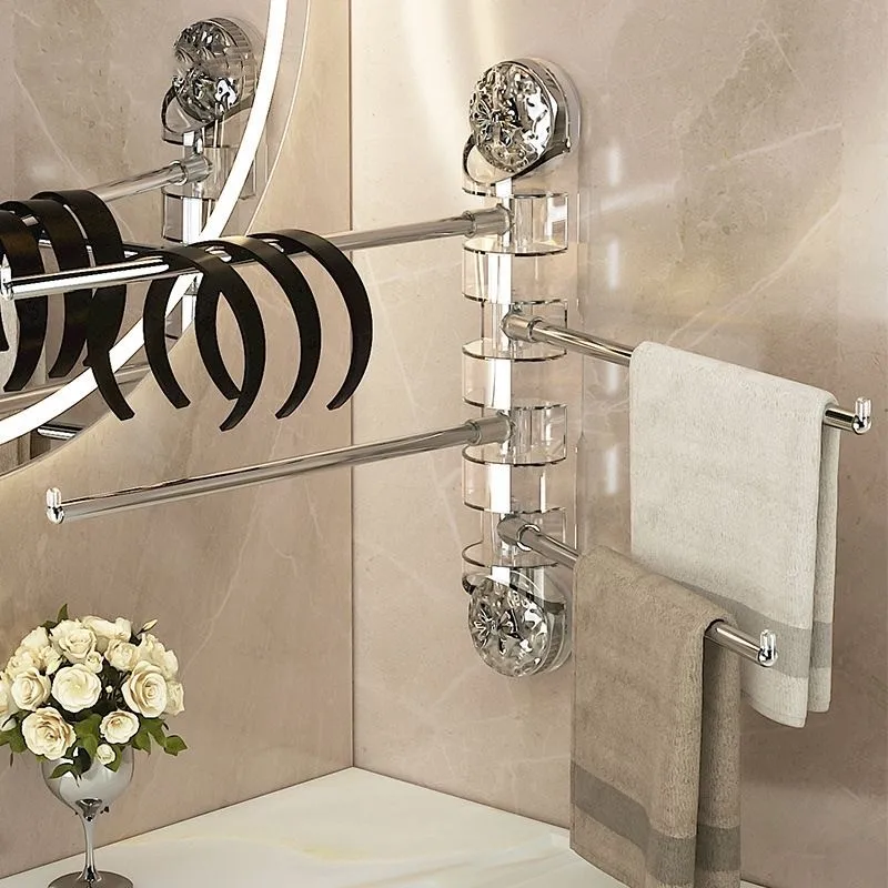 Wall Mounted Bathroom Kitchen 360&deg; Rotating Towel Rack With Suction Cups Toilet Hooks