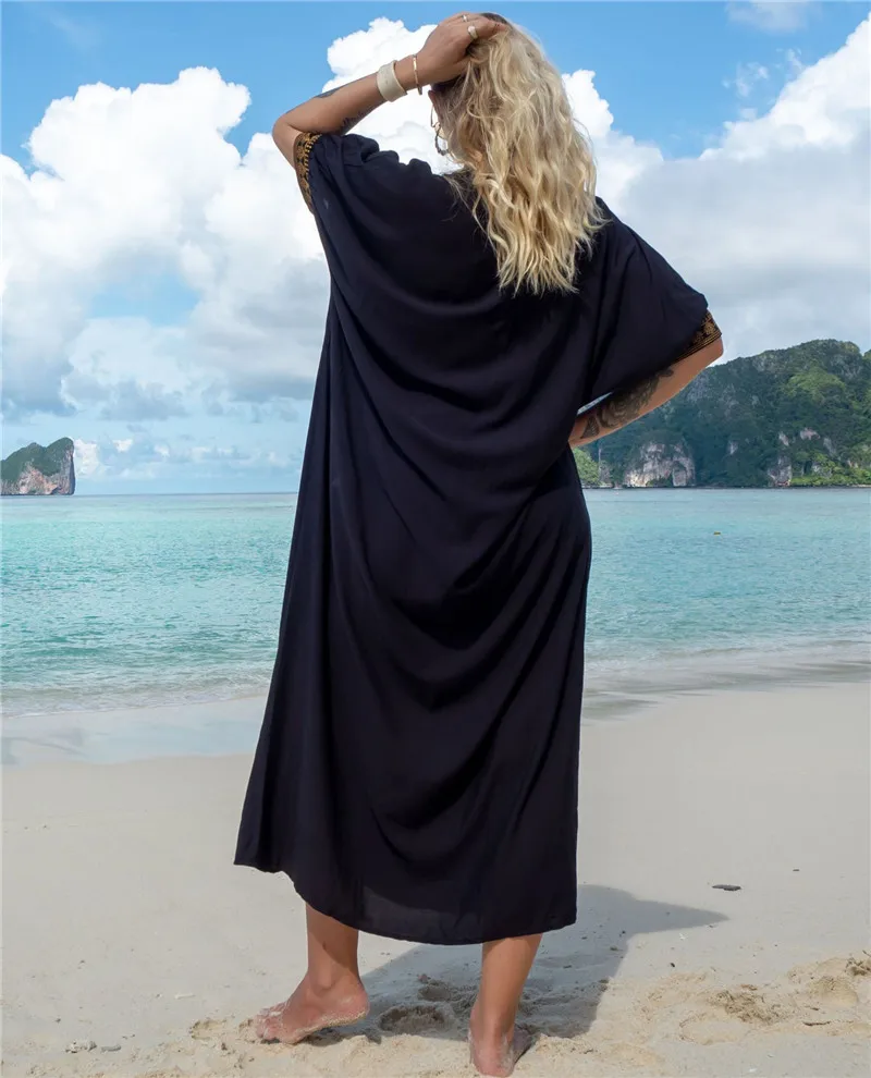New Bohemian Retro Embroidered Bikini Cover Up Maxi Dress For Women Loose Beachwear Vintage Long Kaftan