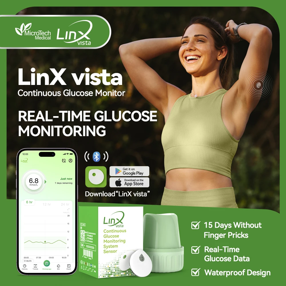 Glucose Monitor MicroTech LinX vista Continuous Glucose Monitoring System CGM 24H Real-time Blood Sugar Test No Finger Pricking