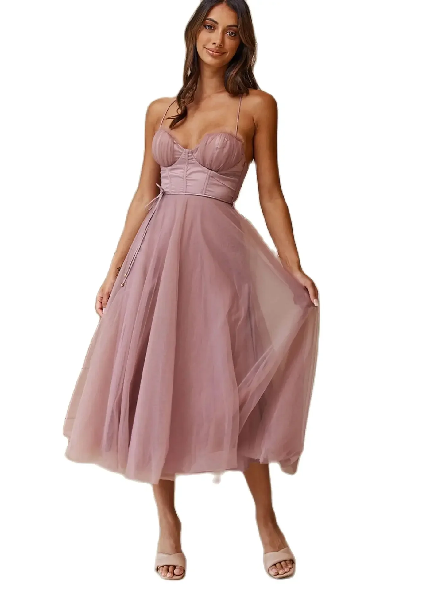Two-Tone Spaghetti Strap Mesh Dress main image 1