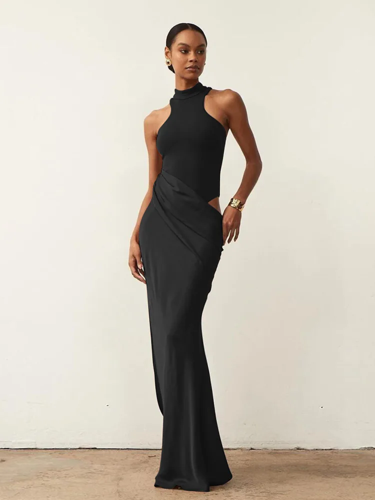 JULISSA MO Satin Sexy Hollow Out Women Maxi Dress Black Sleeveless High Waist Dress Female Autumn Skinny Elegant Party Clubwear 4
