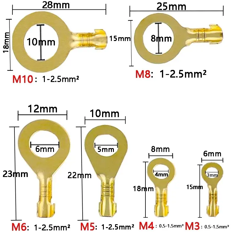 150pcs Insulated Brass Ring Crimp Terminals Wire Connectors Spade Electrical Kit M3 M4 M5 M6 M8 M10 Cable Lugs Set image 3