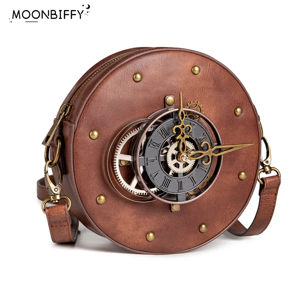 

Vintage Clock Women Shoulder Bags Fashion Steampunk Bag Round PU Leather Daily Casual Crossbody Bags New Arrivals Brown Handbag