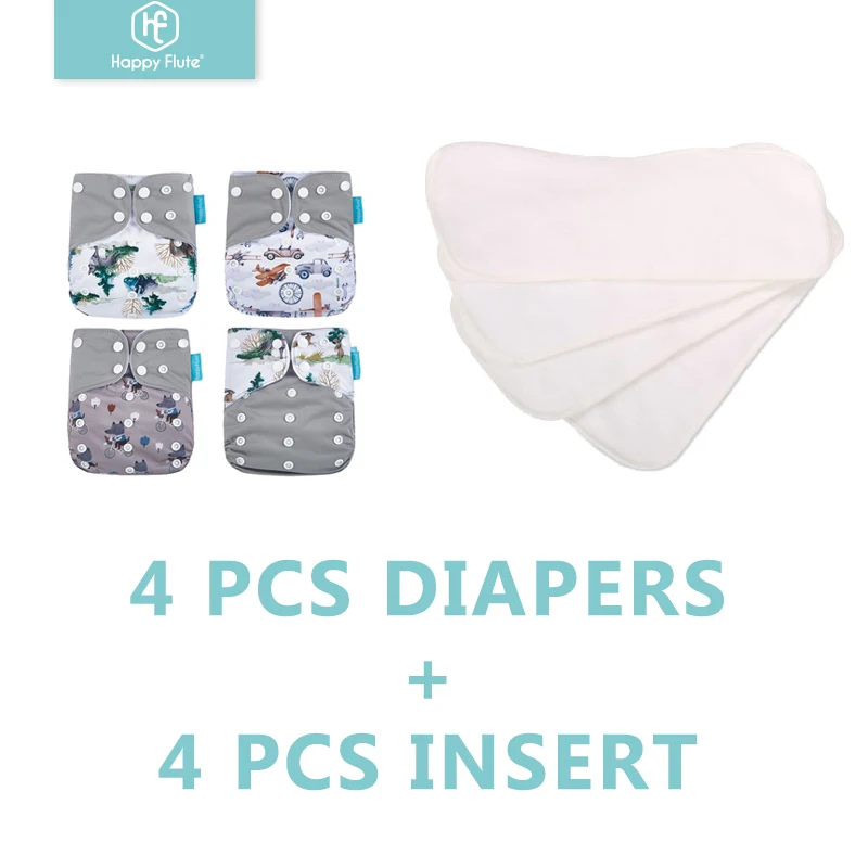 

Happyflute Reusable 4Pcs Pocket Diapers+4 Pcs Microfiber Insert Washable Infant Nappy Ecological Cloth Diaper Fit 3-15kg Baby