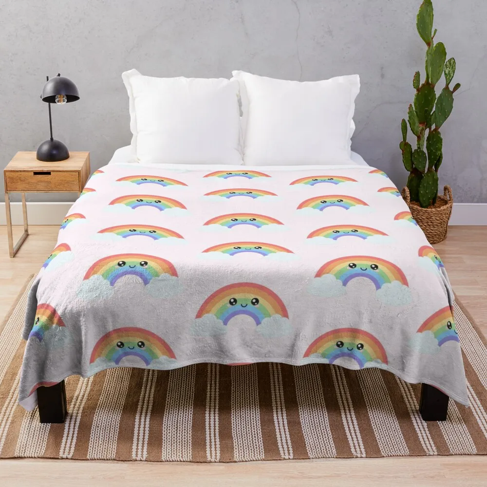 Rainbow Pastel Happy Blushing Nuvole Sorridenti Coperta Da Tiro Coperte Larghe Per Designer