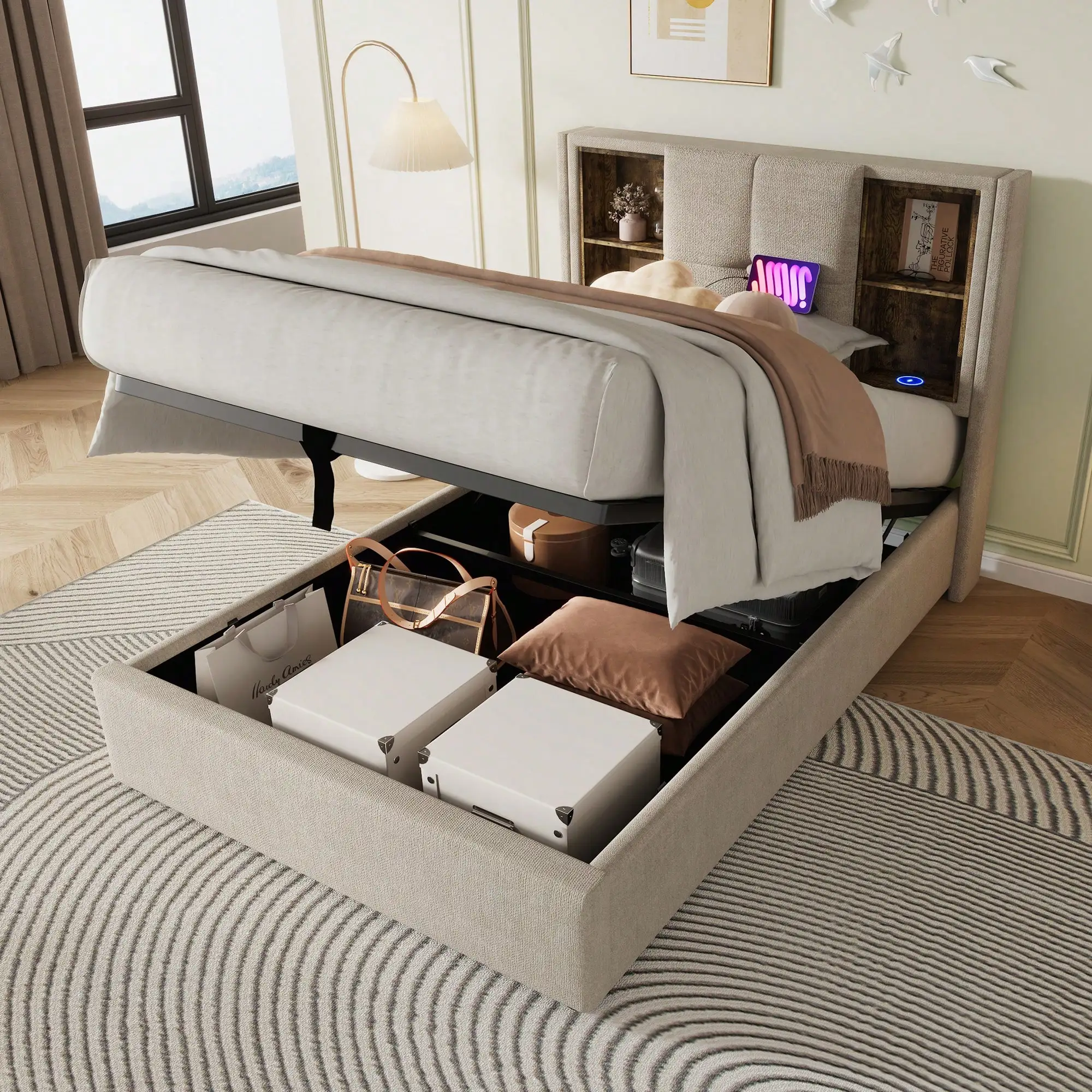 KOMHTOM Upholstered Bed with Wireless Charging USB C Bed with Storage Headboard, 90 x 200 cm,Mattress Not Included