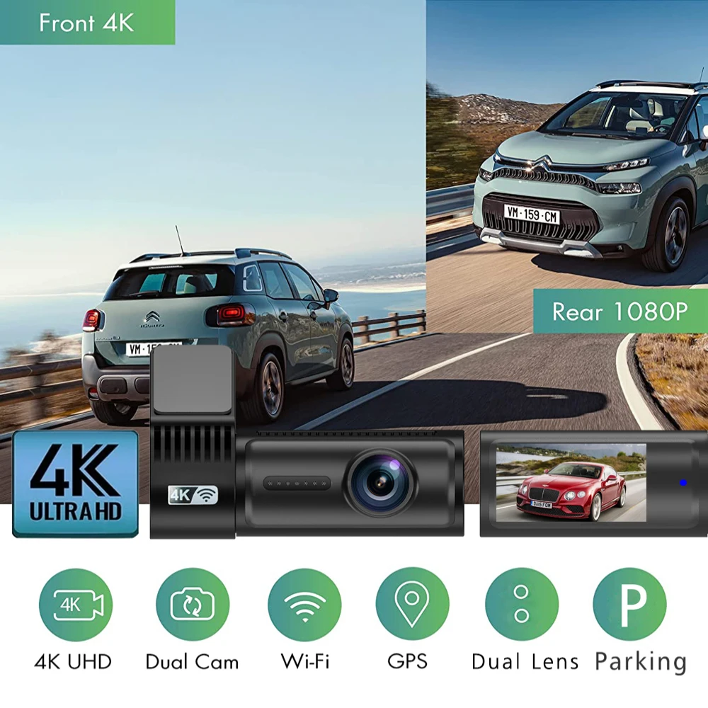 차량용 DVR 미니 대시 캠 카메라, 듀얼 렌즈 지지대, 와이파이, GPS, 등록 블랙박스, 비디오 드라이브, 녹음기 야간 투시경, 4K, 2160P