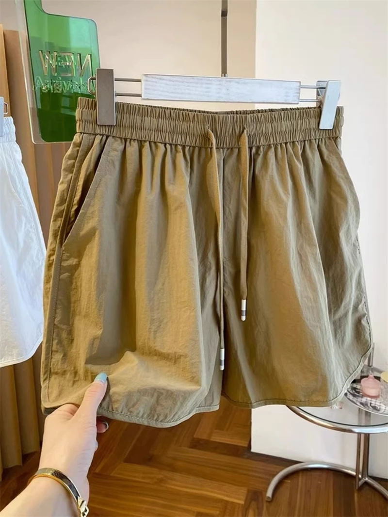 아이스 실크 빠른 건조 스포츠 반바지 여성 여름 얇은 높은 허리 슬리밍 작은 단어 커버 Drawstring 넓은 다리 핫 팬츠