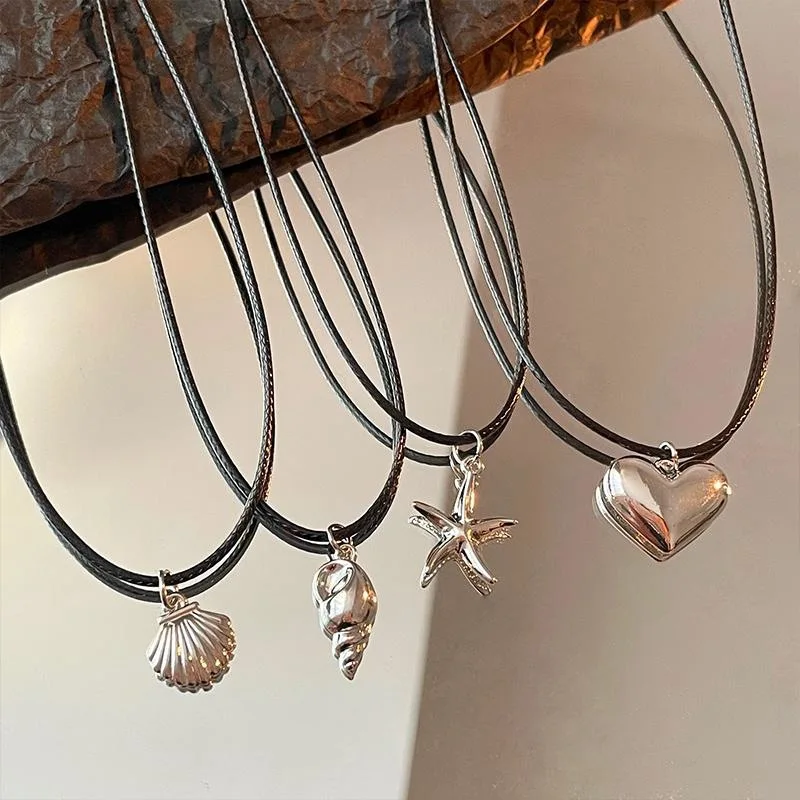 حبل أسود الحب القلب قلادة قلادة للنساء بسيط فضي ال...