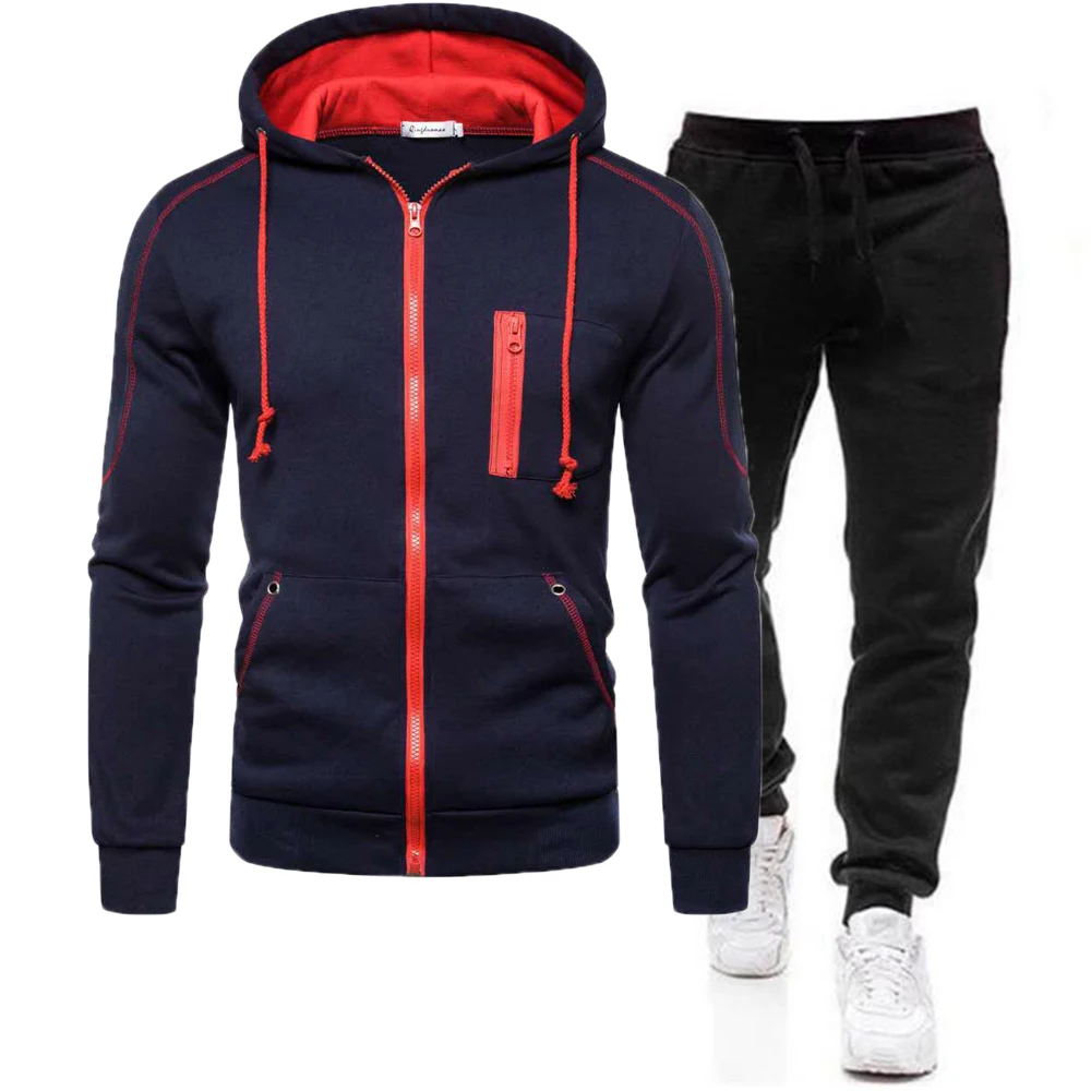 New Casual Men's Sports Suit Fashion Hooded Splicing Zipper Jacket Pants Set Men's Casual Sports Hoodie High Quality