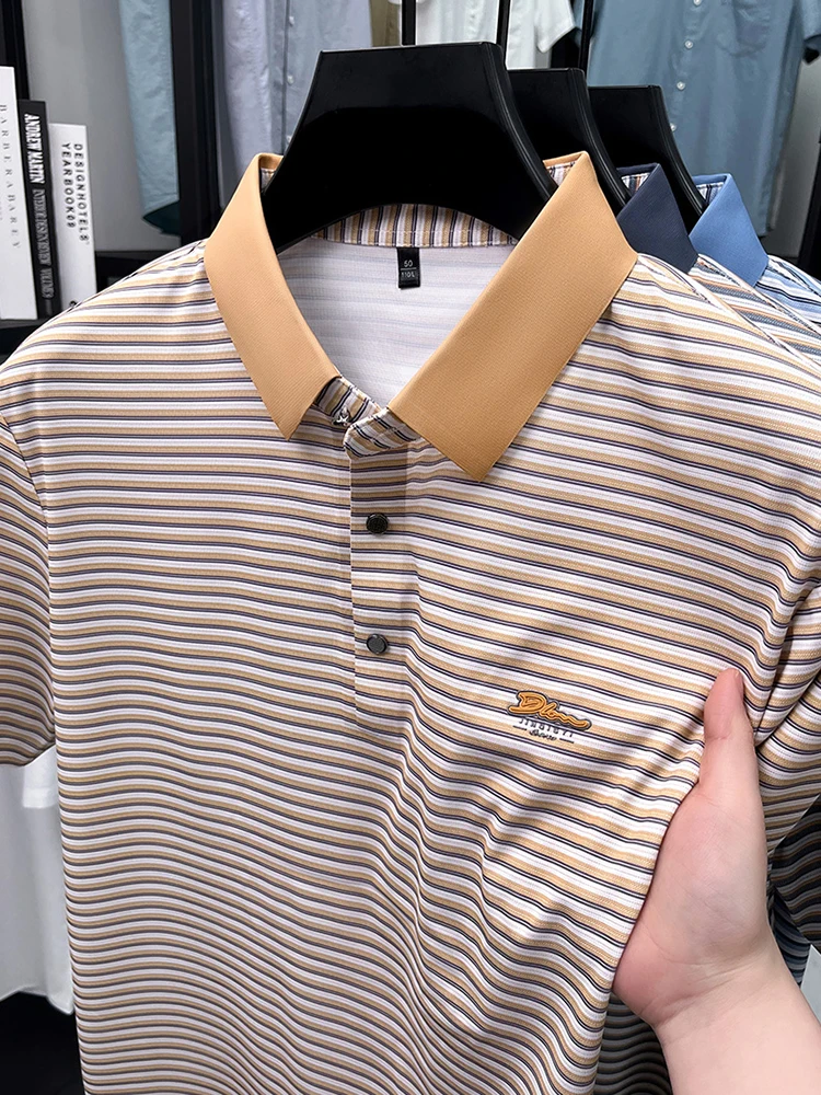 Fashion stripe color blocked men short sleeve polo shirt summer new trend brand embossed silky smooth breathable casual T-shirt 18 S00350d60d5ea408a8427bd15594f1ca1y