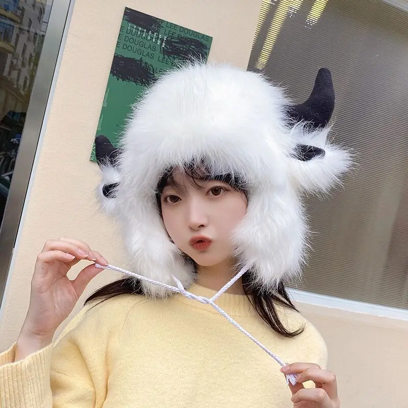 Winter Hats Big Black Bull Horn for Men Women Ear Protection Windproof Russian Ski Faux Fur
