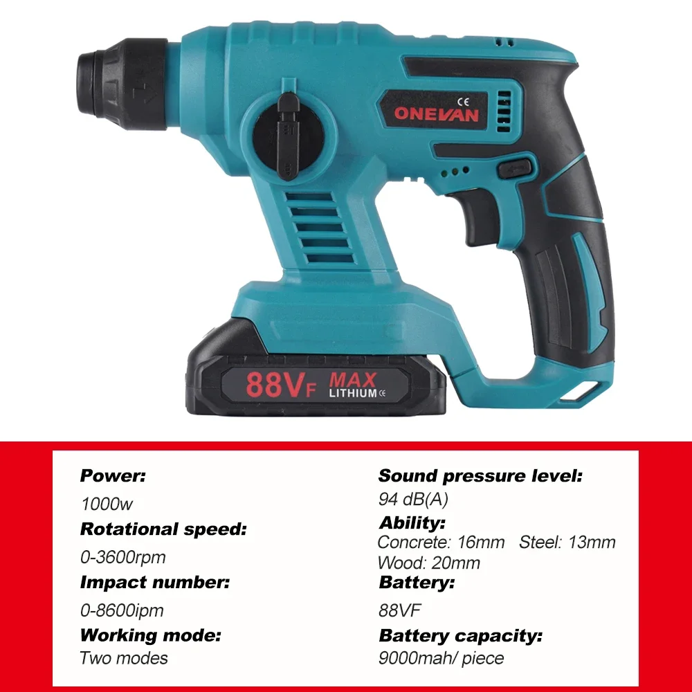 1000W 3600rpm Cordless Electric Rotary Hammer Rechargeable 8600ipm Electric Hammer Drill Power Tools For Makita 18V Battery 2