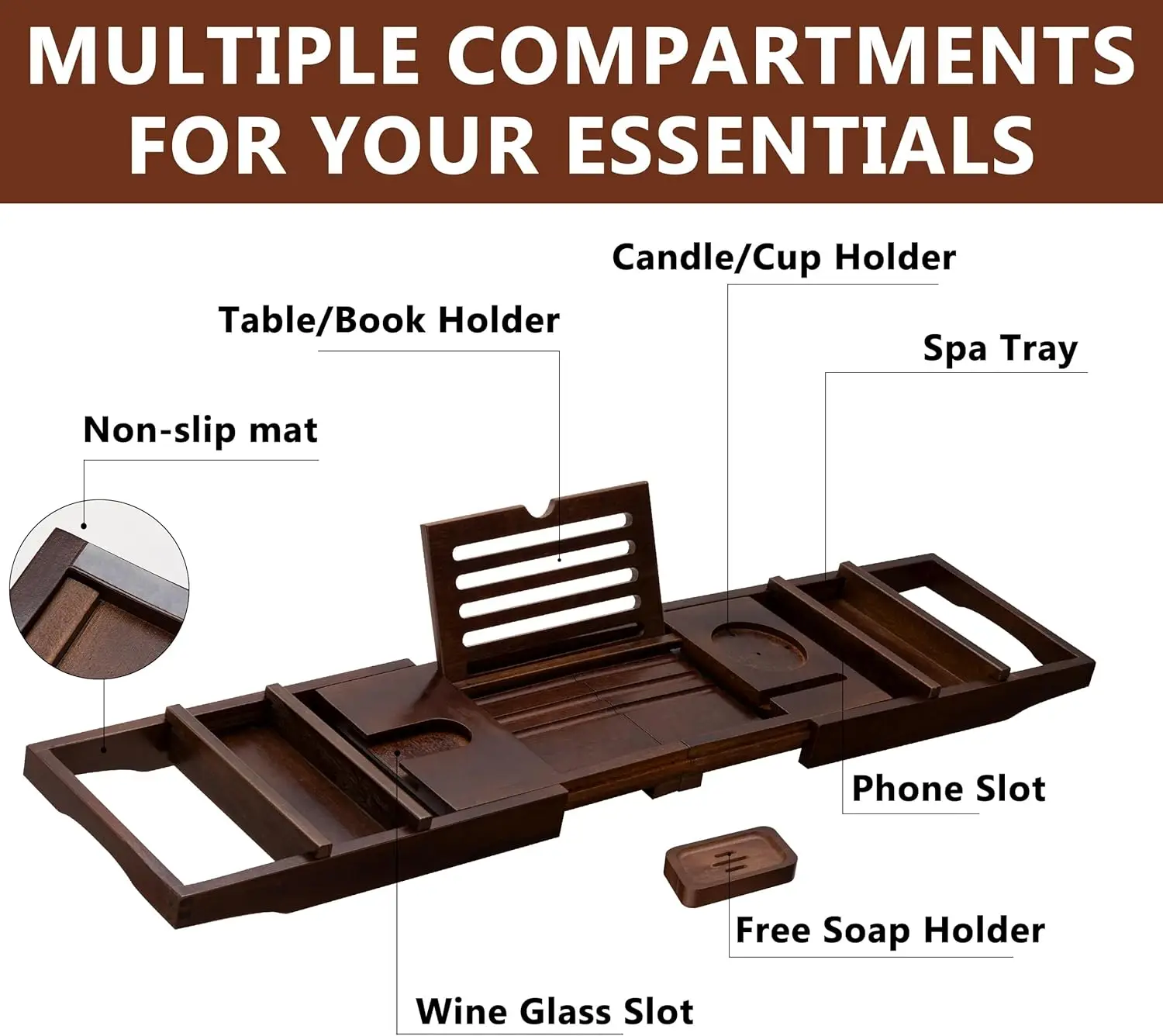 NEW Teak Bathtub Caddy Tray Foldable Bath Table Tray with Book and Wine Glass Holder, Wooden Expandable Bathroom Accessories