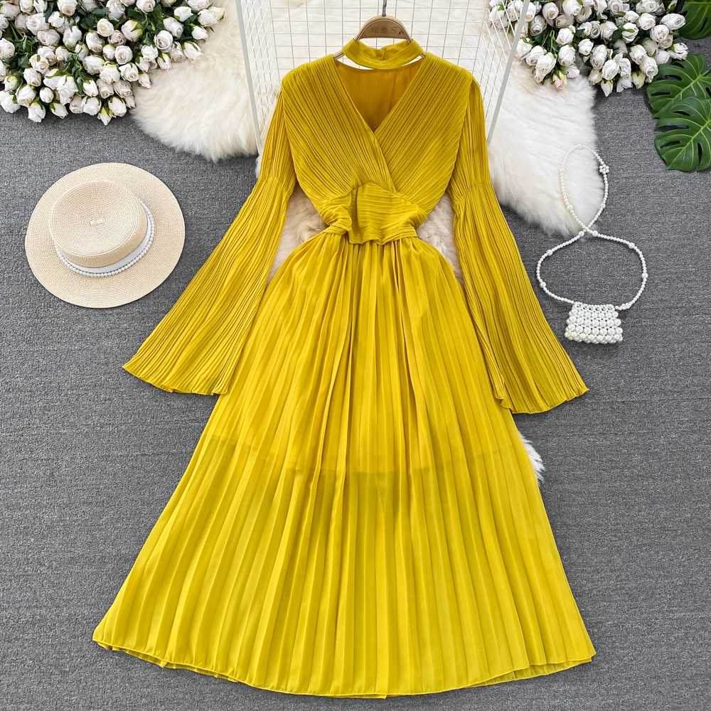 Autumn Flare Sleeve V-neck Midi Dresses for Women Solid Pleated A-line Elegant Party Dress Korean Fashion One Piece Vestidos New