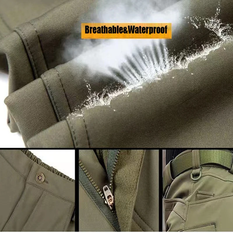 Men Sharkskin Tactical Army Combat Military Camp Fish Hike Trekking Climb Outdoor Softshell Waterproof Pants Ski Trousers Fleece