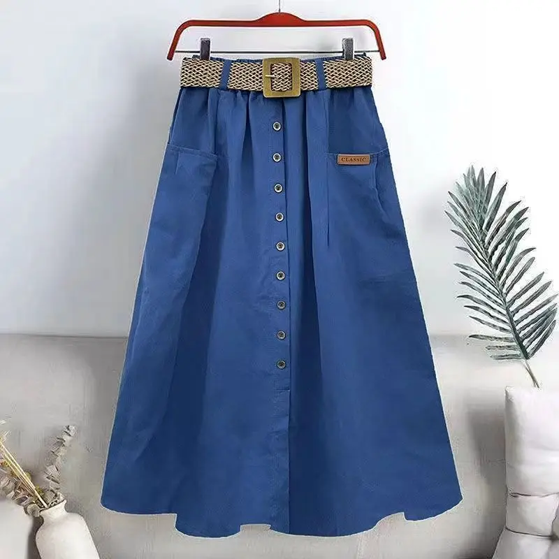 Elegant Fashion Summer New Elastic High Waist Denim Color Skirt Women Simple Casual Button Pocket Slit Large A-line Skirts 2024