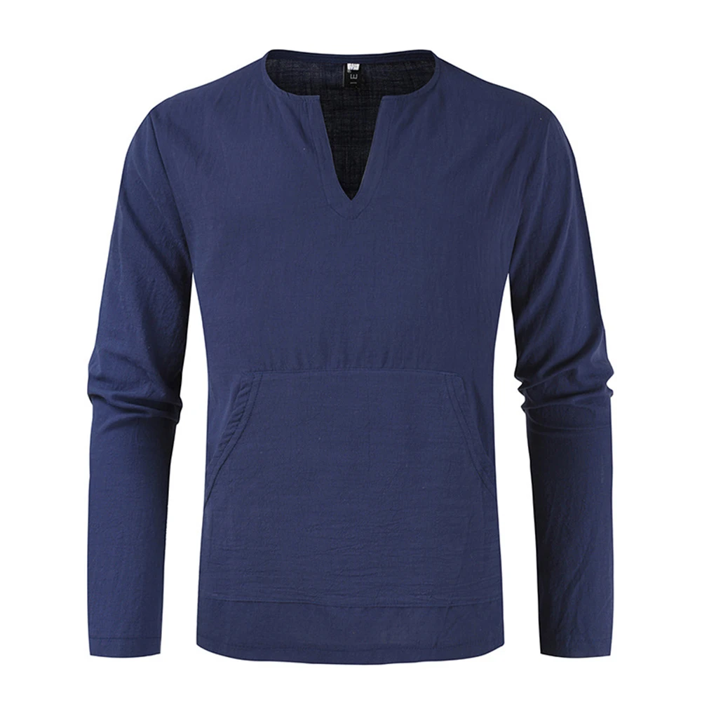 

Mens Spring Autumn Linen Slim Fit Pocket Casual Long Sleeves Shirt Outdoor T Shirts Office Top Sport Breathable Male Shirts