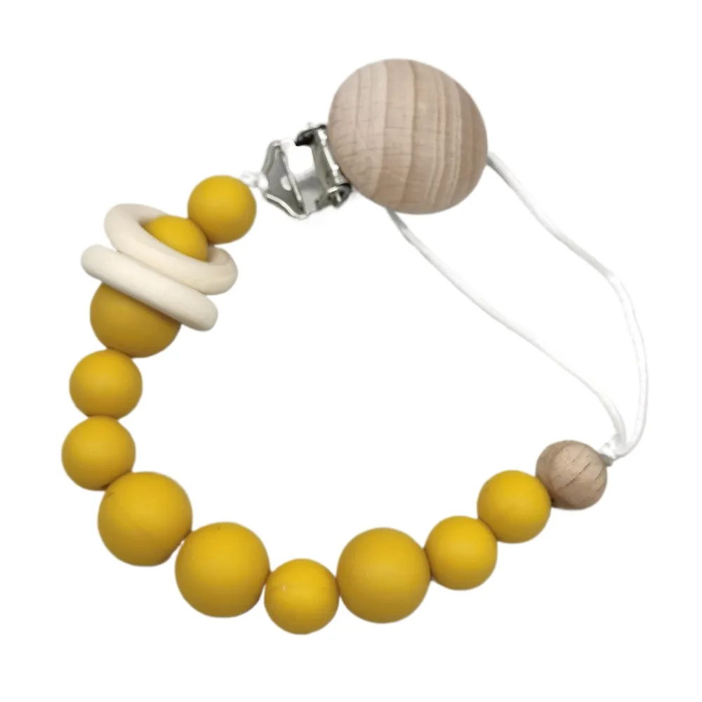 Silicone Beads Pacifier Clip with Wooden Ring Baby Dummy Holder Leash Pacifier Chain Anti-Lost Soother Accessory for Infants
