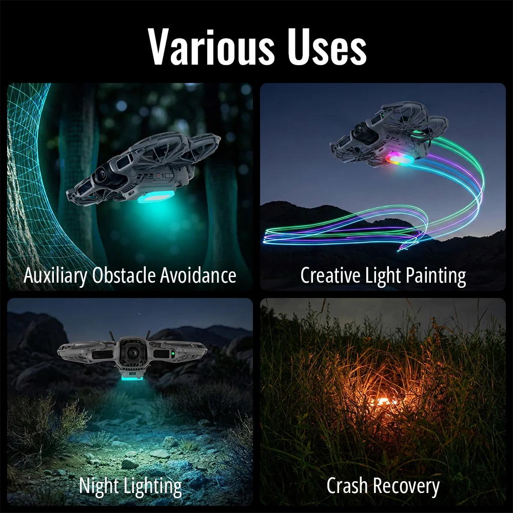 Projecteur LED coloré pour DJI Neo 2 installé sur un drone, projetant un faisceau lumineux multicolore dans l'obscurité.