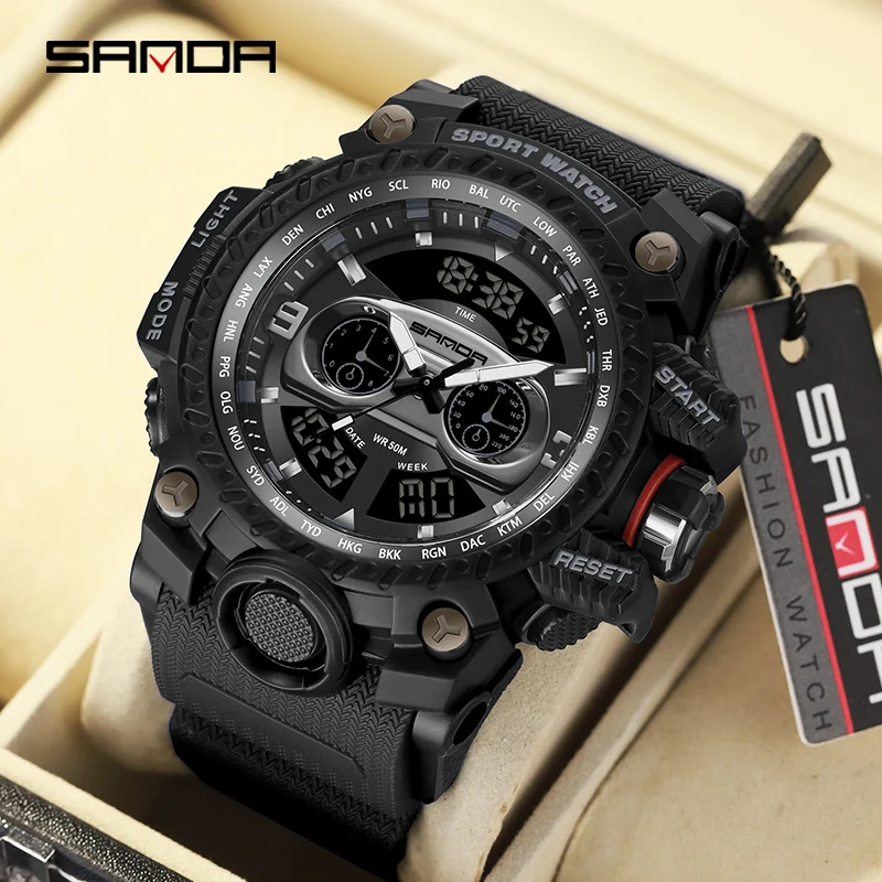 

SANDA Brand Outdoor Sport Men's Watch Digital-Analog Dual Display Quartz Waterproof Wristwatches for Male Clock Youth Stopwatch