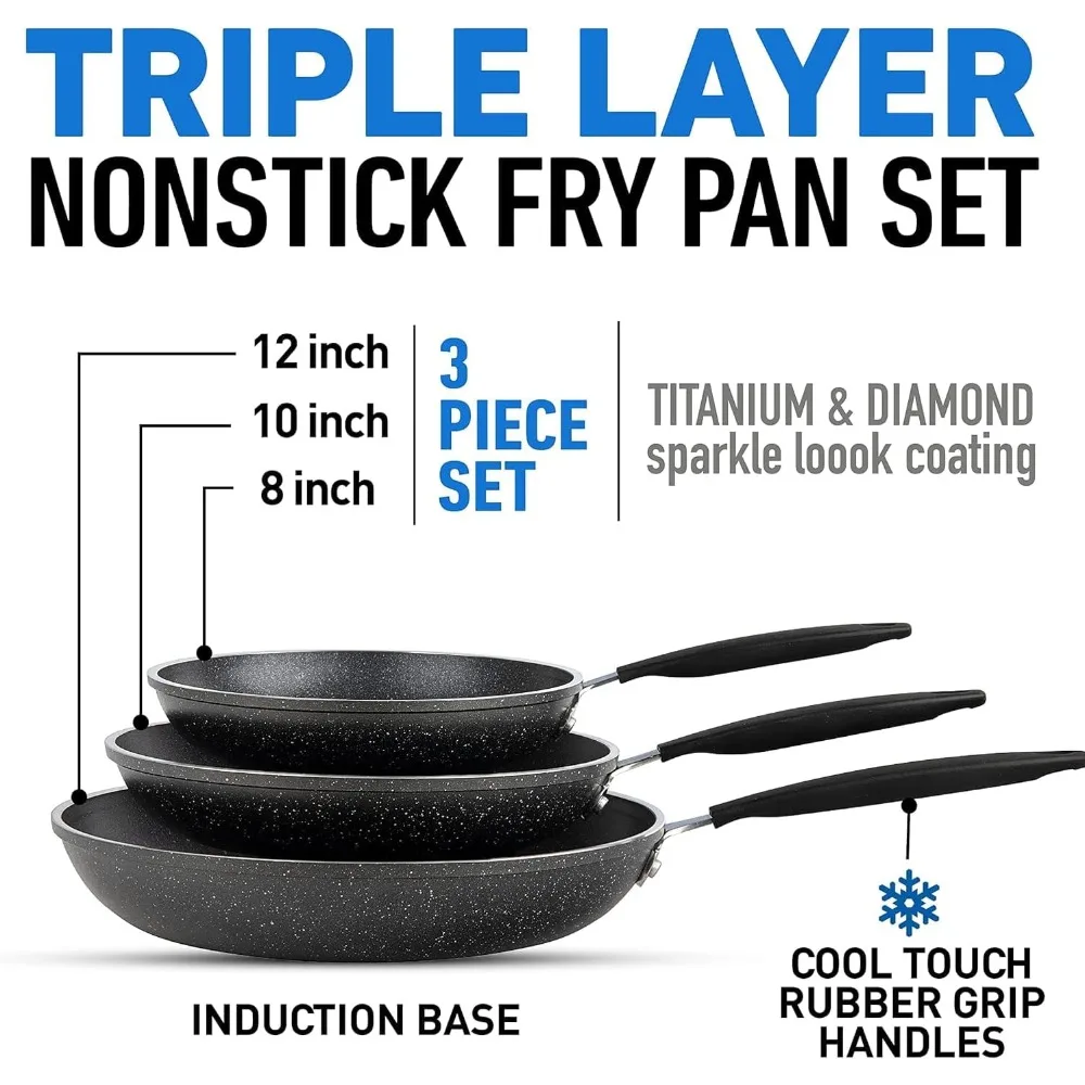3 Piece Nonstick Frying Pan Set, 8”, 10” & 12” Nonstick Mineral and Diamond Triple Coated Frying Pans, Skillet Set, Omelet Pan,