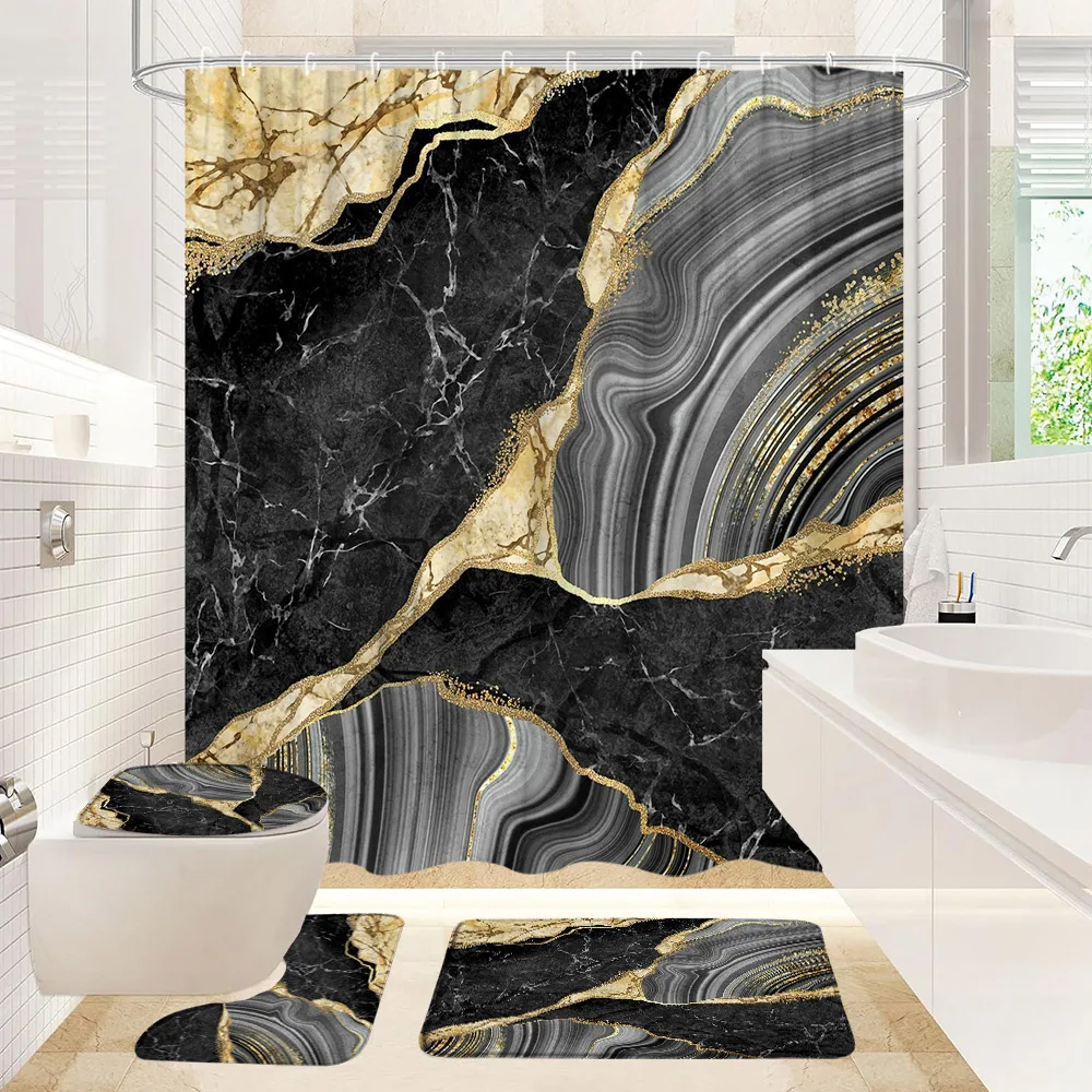 

Creative Marble Shower Curtain Texture Abstract Modern Geometric Luxury Crackle Ink Art Bath Decor Set Toilet Cover Bath Mat Rug