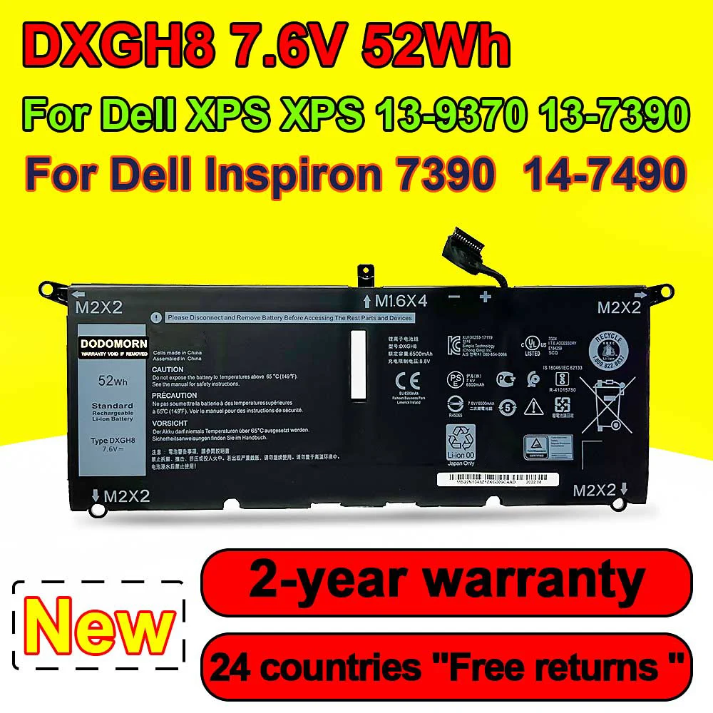 Nova Bateria do Portátil Dxgh8 para Dell Xps 13 9370 9380 73902023 Inspiron 13 7000 7390 7391 em 5390 5391 14 7400 7490 52wh