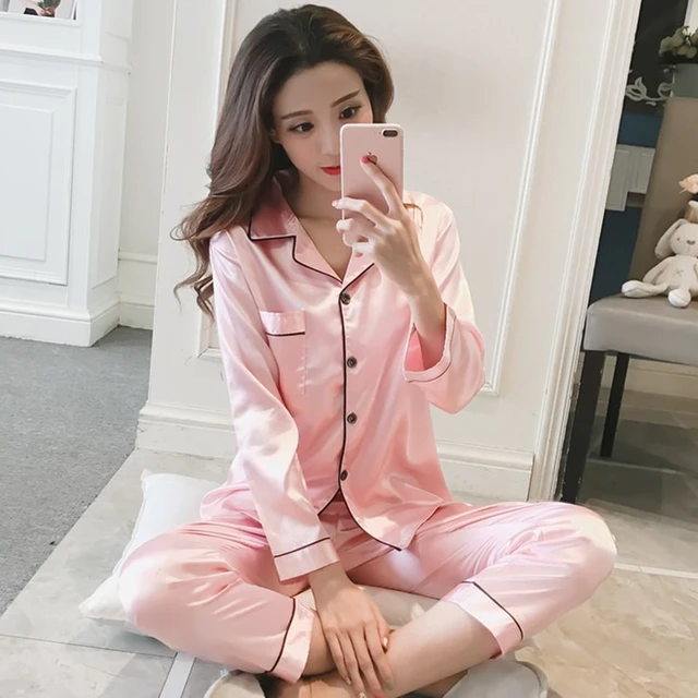 Silk Pajamas Plus Size Women Solid Cute Pajamas for Women Summer Nightwear  Pajama Two Piece Set