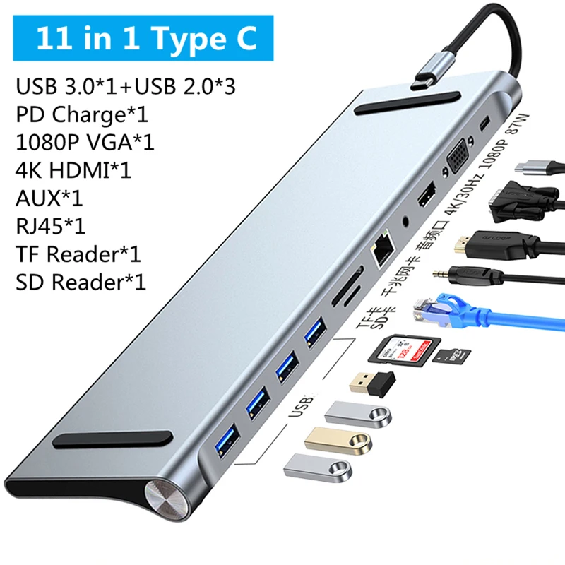 

11 In 1 USB C Docking Station Hub Type C To 4K HDMI RJ45 SD/TF VGA HDMI PD Adapter For MacBook Air MateBook Pro Accessories