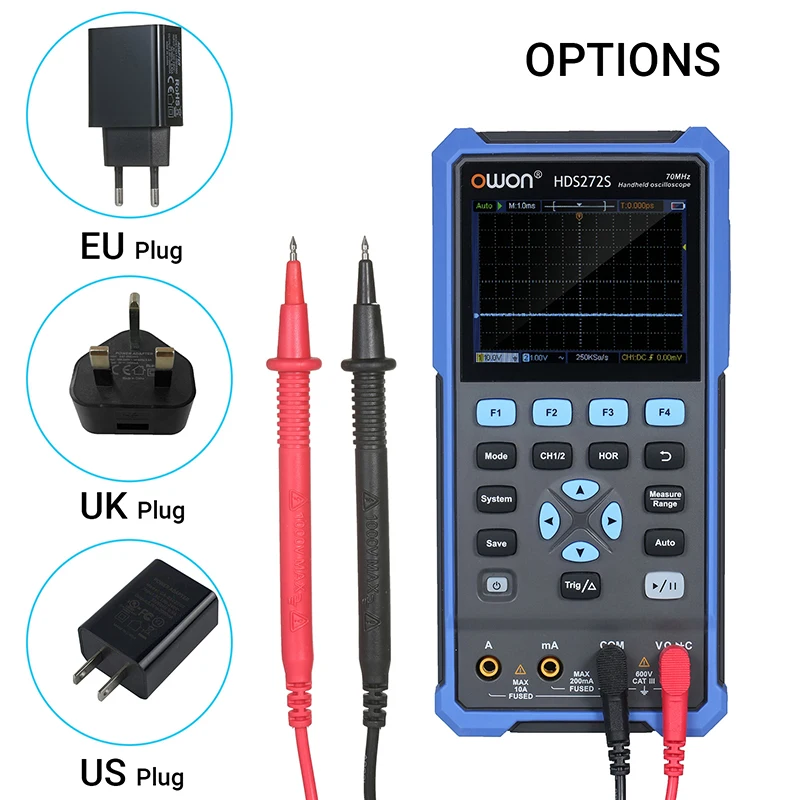 OWON HDS272S 3-in-1 오실로스코프 멀티미터 파형 발생기 2CH 70MHz 대역폭 20000 카운트 휴대용 디지털 멀티미터